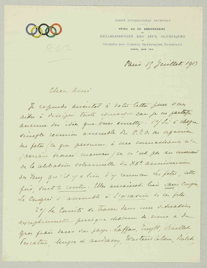 Lettre de Pierre de Coubertin pour les Jeux Olympiques